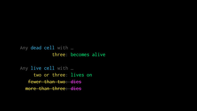 Any dead cell with …
three: becomes alive
Any live cell with …
two or three: lives on
fewer than two: dies
more than three: dies
