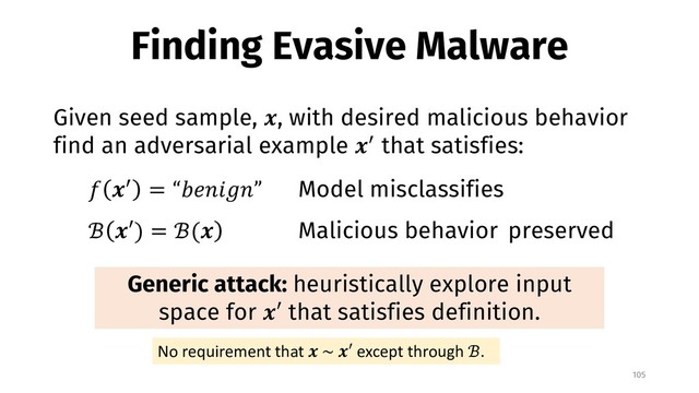 Finding Evasive Malware
105
Given seed sample, !, with desired malicious behavior
find an adversarial example !" that satisfies:
# !" = “&'()*(” Model misclassifies
ℬ !′) = ℬ(! Malicious behavior preserved
Generic attack: heuristically explore input
space for !′ that satisfies definition.
No requirement that ! ~ !′ except through ℬ.
