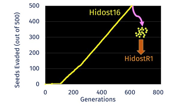0
100
200
300
400
500
0 200 400 600 800
HidostR1
Seeds Evaded (out of 500)
Generations
Hidost16
