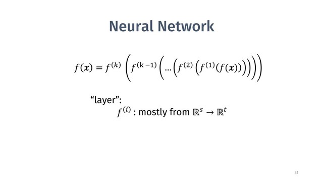 Neural Network
31
! " = ! $ ! % &' … ! ) ! ' !(")
“layer”:
! , : mostly from ℝ. → ℝ0
