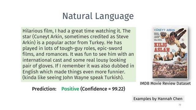 Natural Language
79
Examples by Hannah Chen
Prediction: Positive (Confidence = 99.22)
IMDB Movie Review Dataset
Hilarious film, I had a great time watching it. The
star (Cuneyt Arkin, sometimes credited as Steve
Arkin) is a popular actor from Turkey. He has
played in lots of tough-guy roles, epic-sword
films, and romances. It was fun to see him with an
international cast and some real lousy looking
pair of gloves. If I remember it was also dubbed in
English which made things even more funnier.
(kinda like seeing John Wayne speak Turkish).
