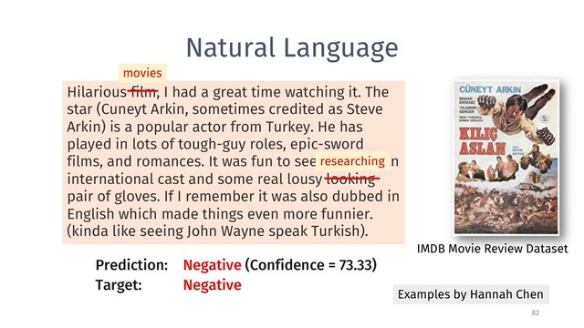 Natural Language
82
Examples by Hannah Chen
Prediction: Negative (Confidence = 73.33)
IMDB Movie Review Dataset
Hilarious film, I had a great time watching it. The
star (Cuneyt Arkin, sometimes credited as Steve
Arkin) is a popular actor from Turkey. He has
played in lots of tough-guy roles, epic-sword
films, and romances. It was fun to see him with an
international cast and some real lousy looking
pair of gloves. If I remember it was also dubbed in
English which made things even more funnier.
(kinda like seeing John Wayne speak Turkish).
researching
Target: Negative
movies
