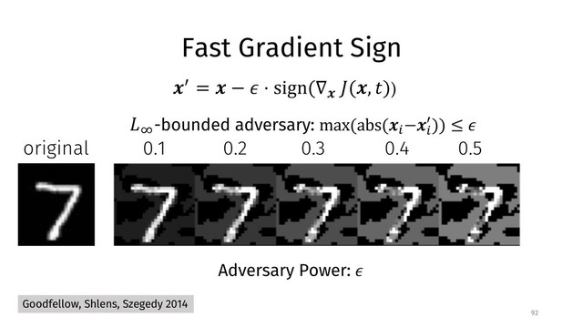 Fast Gradient Sign
92
original 0.1 0.2 0.3 0.4 0.5
Adversary Power: !
"#
-bounded adversary: max(abs(*+
−*+
-)) ≤ !
*- = * − ! ⋅ sign(∇*
6(*, 8))
Goodfellow, Shlens, Szegedy 2014
