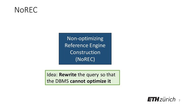 7
Non-optimizing
Reference Engine
Construction
(NoREC)
NoREC
Idea: Rewrite the query so that
the DBMS cannot optimize it
