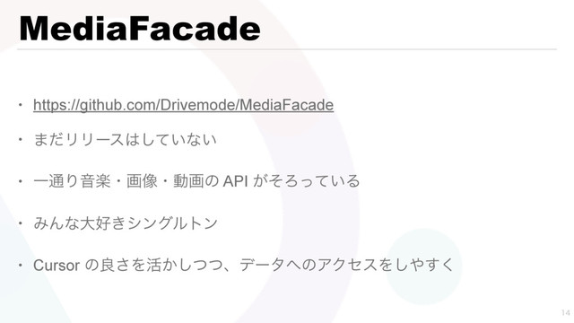 MediaFacade
• https://github.com/Drivemode/MediaFacade
• ·ͩϦϦʔε͸͍ͯ͠ͳ͍
• Ұ௨ΓԻָɾը૾ɾಈըͷ API ͕ͦΖ͍ͬͯΔ
• ΈΜͳେ޷͖γϯάϧτϯ
• Cursor ͷྑ͞Λ׆͔ͭͭ͠ɺσʔλ΁ͷΞΫηεΛ͠΍͘͢

