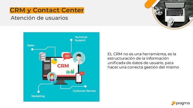 CRM y Contact Center
EL CRM no es una herramienta, es la
estructuración de la información
uniﬁcada de datos de usuario, para
hacer una correcta gestión del mismo
