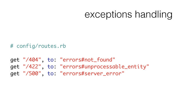 exceptions handling
# config/routes.rb
!
get "/404", to: "errors#not_found"
get "/422", to: "errors#unprocessable_entity"
get "/500", to: "errors#server_error"

