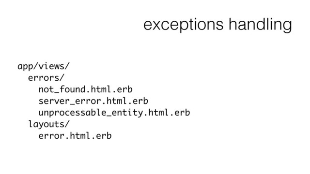exceptions handling
app/views/
errors/
not_found.html.erb
server_error.html.erb
unprocessable_entity.html.erb
layouts/
error.html.erb
