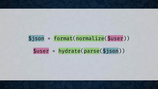 $json = format(normalize($user))
$user = hydrate(parse($json))
