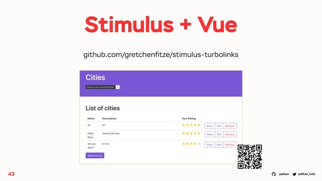palkan_tula
palkan
Stimulus + Vue
43
github.com/gretchenﬁtze/stimulus-turbolinks
