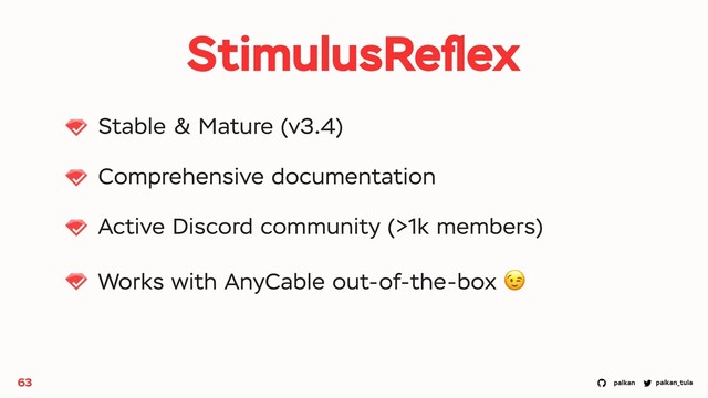 palkan_tula
palkan
StimulusReﬂex
Stable & Mature (v3.4)
Comprehensive documentation
Active Discord community (>1k members)
Works with AnyCable out-of-the-box 😉
63
