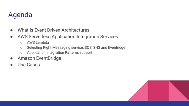 Agenda
● What is Event Driven Architectures
● AWS Serverless Application Integration Services
○ AWS Lambda
○ Selecting Right Messaging service: SQS, SNS and Eventridge
○ Application Integration Patterns support
● Amazon EventBridge
● Use Cases
