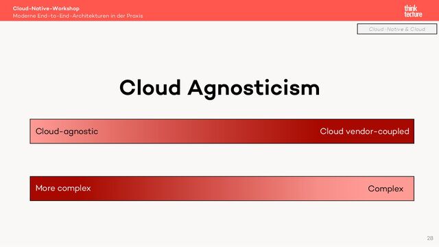 Cloud Agnosticism
Cloud-Native-Workshop
Moderne End-to-End-Architekturen in der Praxis
28
Cloud-agnostic Cloud vendor-coupled
More complex Complex
Cloud-Native & Cloud
