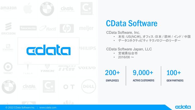 EMPLOYEES
200+
ACTIVE CUSTOMERS
9,000+
OEM PARTNERS
100+
© 2022 CData Software Inc. | www.cdata.com
CData Software
CData Software, Inc.
• 本社：US(NC州), オフィス：日本 / 欧州 / インド / 中国
• データコネクティビティ テクノロジーのリーダー
CData Software Japan, LLC
• 宮城県仙台市
• 2016/06 〜
