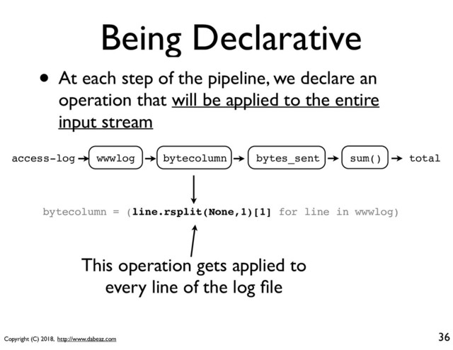 Copyright (C) 2018, http://www.dabeaz.com
Being Declarative
• At each step of the pipeline, we declare an
operation that will be applied to the entire
input stream
36
bytecolumn = (line.rsplit(None,1)[1] for line in wwwlog)
This operation gets applied to
every line of the log ﬁle
wwwlog bytecolumn bytes_sent sum()
access-log total
