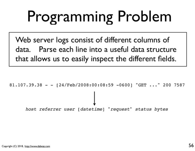 Copyright (C) 2018, http://www.dabeaz.com
Programming Problem
56
Web server logs consist of different columns of
data. Parse each line into a useful data structure
that allows us to easily inspect the different ﬁelds.
81.107.39.38 - - [24/Feb/2008:00:08:59 -0600] "GET ..." 200 7587
host referrer user [datetime] "request" status bytes
