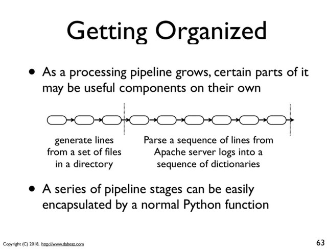 Copyright (C) 2018, http://www.dabeaz.com
Getting Organized
63
• As a processing pipeline grows, certain parts of it
may be useful components on their own
generate lines
from a set of ﬁles
in a directory
Parse a sequence of lines from
Apache server logs into a
sequence of dictionaries
• A series of pipeline stages can be easily
encapsulated by a normal Python function
