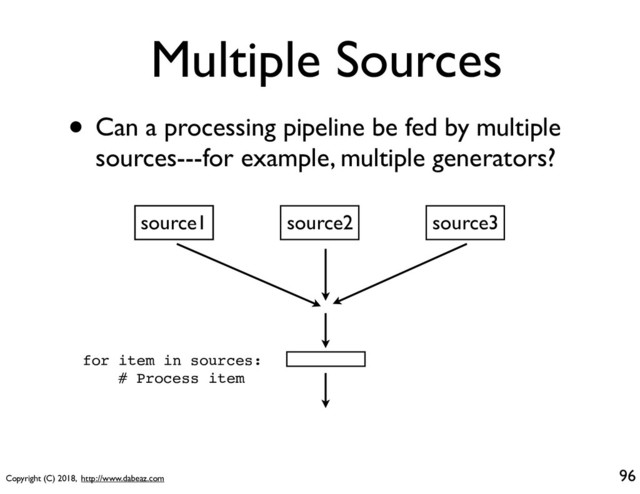 Copyright (C) 2018, http://www.dabeaz.com
Multiple Sources
• Can a processing pipeline be fed by multiple
sources---for example, multiple generators?
96
source1 source2 source3
for item in sources:
# Process item
