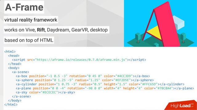 A-Frame
virtual reality framework
works on Vive, Rift, Daydream, GearVR, desktop
based on top of HTML














