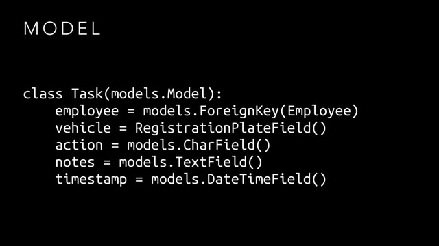 M O D E L
class Task(models.Model):
employee = models.ForeignKey(Employee)
vehicle = RegistrationPlateField()
action = models.CharField()
notes = models.TextField()
timestamp = models.DateTimeField()
