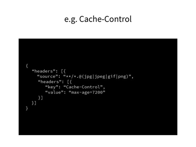 e.g. Cache-Control
{
“headers”: [{
“source”: “**/*.@(jpg|jpeg|gif|png)”,
“headers”: [{
“key”: “Cache-Control”,
“value”: “max-age=7200”
}]
}]
}
