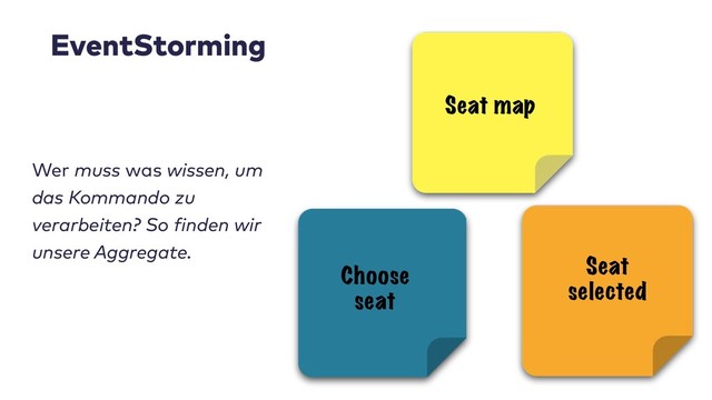 EventStorming
Wer muss was wissen, um
das Kommando zu
verarbeiten? So finden wir
unsere Aggregate.
Seat
selected
Choose
seat
Seat map

