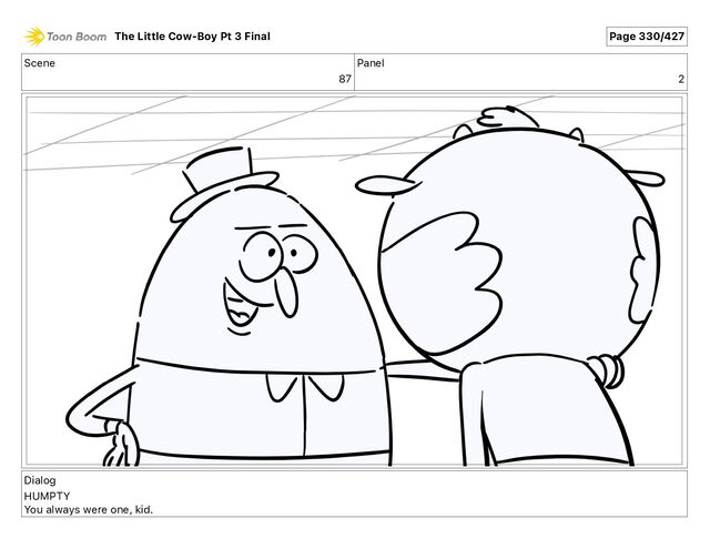 Scene
87
Panel
2
Dialog
HUMPTY
You always were one, kid.
The Little Cow-Boy Pt 3 Final Page 330/427
