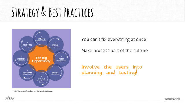 Strategy & Best Practices
You can’t fix everything at once
Make process part of the culture
Involve the users into
planning and testing!
John Kotter’s 8-Step Process for Leading Change
