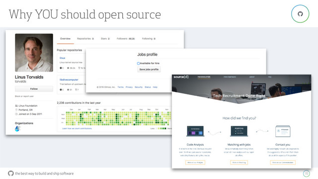 the best way to build and ship software
Why YOU should open source
16
"
