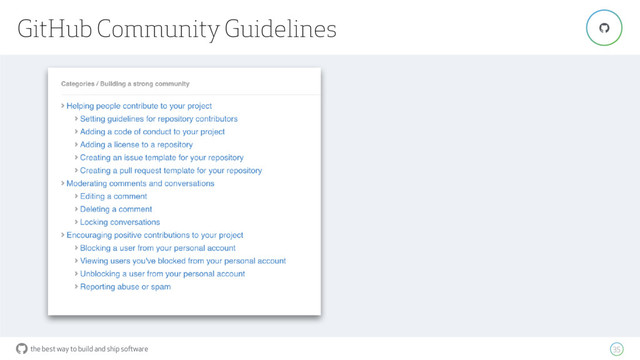 the best way to build and ship software
GitHub Community Guidelines
35
"
