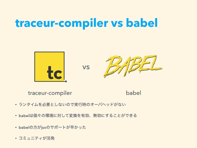 traceur-compiler vs babel
traceur-compiler babel
vs
• ϥϯλΠϜΛඞཁͱ͠ͳ͍ͷͰ࣮ߦ࣌ͷΦʔόϔου͕ͳ͍
• babel͸ݸʑͷ؀ڥʹରͯ͠ม׵Λ༗ޮɺແޮʹ͢Δ͜ͱ͕Ͱ͖Δ
• babelͷํ͕jsxͷαϙʔτ͕ૣ͔ͬͨ
• ίϛϡχςΟ͕׆ൃ
