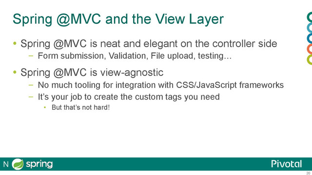 20
Spring @MVC and the View Layer
  Spring @MVC is neat and elegant on the controller side
–  Form submission, Validation, File upload, testing…
  Spring @MVC is view-agnostic
–  No much tooling for integration with CSS/JavaScript frameworks
–  It’s your job to create the custom tags you need
▪  But that’s not hard!
N
