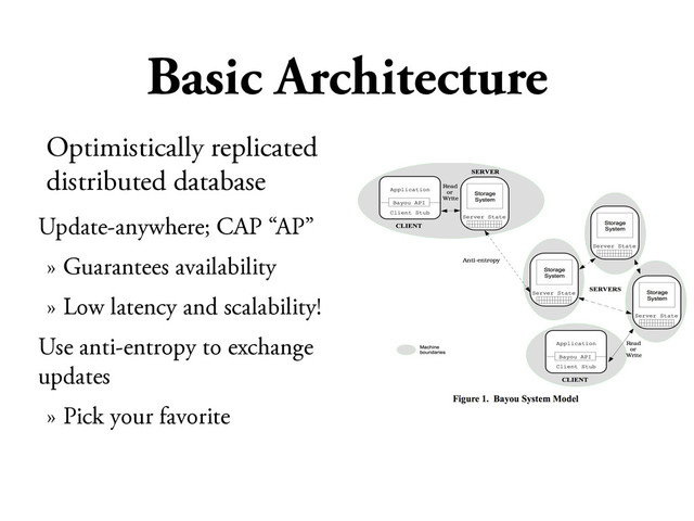 Basic Architecture
Optimistically replicated
distributed database
Update-anywhere; CAP “AP”
» Guarantees availability
» Low latency and scalability!
Use anti-entropy to exchange
updates
» Pick your favorite
