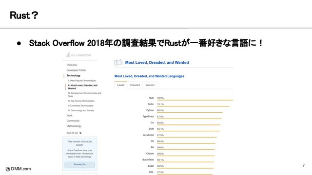 Rust？ 
@ DMM.com
● Stack Overflow 2018年の調査結果でRustが一番好きな言語に！
7
