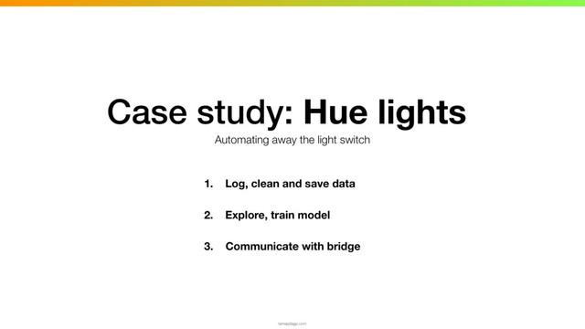 1. Log, clean and save data
2. Explore, train model
3. Communicate with bridge
tamaszilagyi.com
Case study: Hue lights
Automating away the light switch
