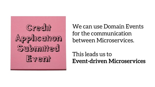 Credit 
Application 
Submitted
Event
We can use Domain Events
for the communication
between Microservices.
This leads us to
Event-driven Microservices
