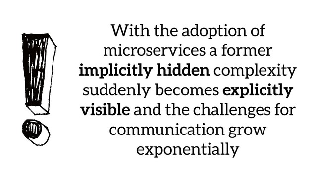 ! With the adoption of
microservices a former
implicitly hidden complexity
suddenly becomes explicitly
visible and the challenges for
communication grow
exponentially
