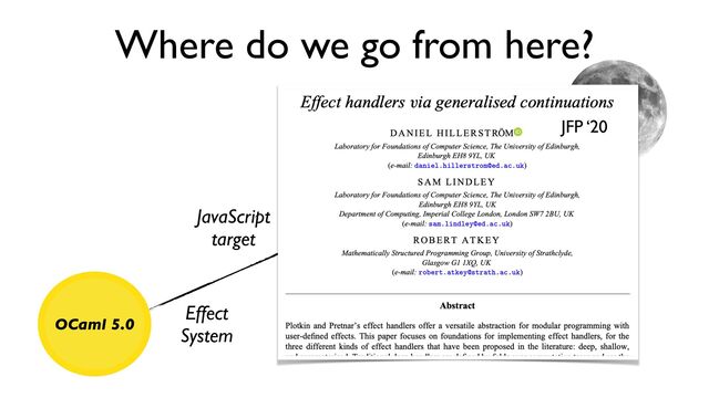 Where do we go from here?
OCaml 5.0
Effect
System
JavaScript
target
JFP ‘20
