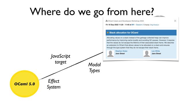 Where do we go from here?
OCaml 5.0
Effect
System
JavaScript
target
Modal
Types
