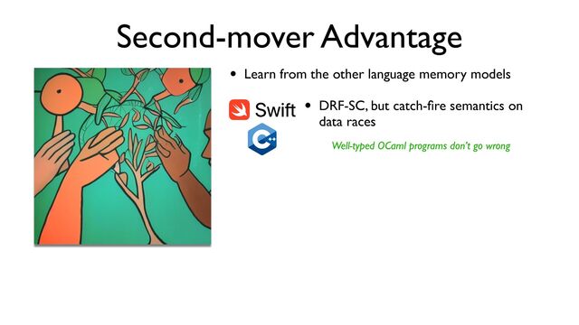 Second-mover Advantage
• Learn from the other language memory models
• DRF-SC, but catch-
fi
re semantics on
data races
Well-typed OCaml programs don’t go wrong
