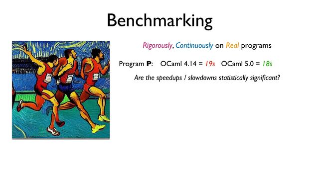 Benchmarking
Rigorously, Continuously on Real programs
Program P: OCaml 4.14 = 19s OCaml 5.0 = 18s
Are the speedups / slowdowns statistically signi
fi
cant?
