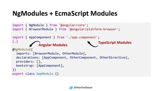 @ManfredSteyer
NgModules + EcmaScript Modules
import { NgModule } from '@angular/core';
import { BrowserModule } from '@angular/platform-browser';
import { AppComponent } from './app.component';
[…]
@NgModule({
imports: [BrowserModule, OtherModule],
declarations: [AppComponent, OtherComponent, OtherDirective],
providers: [],
bootstrap: [AppComponent],
})
export class AppModule {}
TypeScript Modules
Angular Modules
