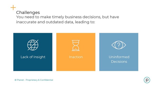 You need to make timely business decisions, but have
inaccurate and outdated data, leading to:
© Planet - Proprietary & Confidential
Challenges
Uninformed
Decisions
Inaction
Lack of Insight
