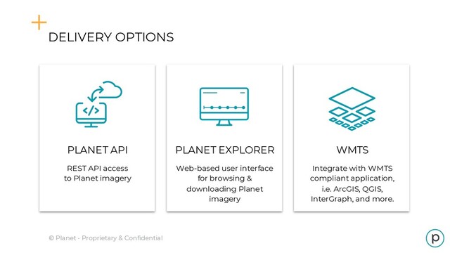 DELIVERY OPTIONS
© Planet - Proprietary & Confidential
WMTS
Integrate with WMTS
compliant application,
i.e. ArcGIS, QGIS,
InterGraph, and more.
PLANET EXPLORER
Web-based user interface
for browsing &
downloading Planet
imagery
PLANET API
REST API access
to Planet imagery
