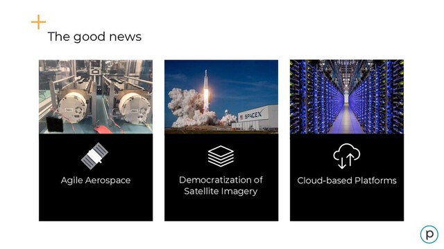 [Macro trends slide]
Democratization of
Satellite Imagery
Cloud-based Platforms
Agile Aerospace
The good news
