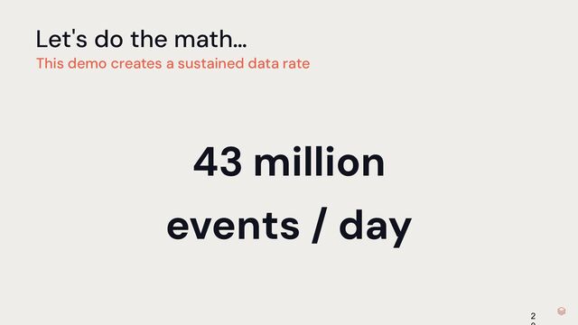 Let's do the math…
This demo creates a sustained data rate
43 million
events / day
2
