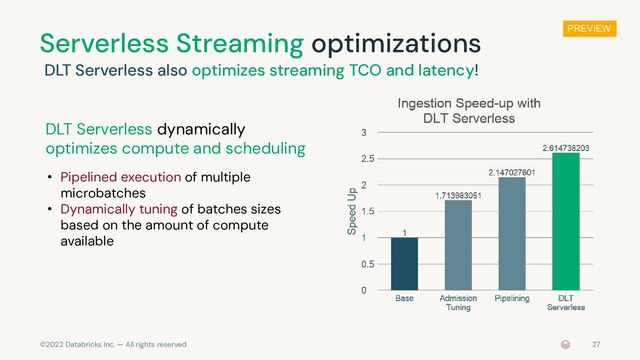 ©2022 Databricks Inc. — All rights reserved
Serverless Streaming optimizations
DLT Serverless also optimizes streaming TCO and latency!
27
PREVIEW
DLT Serverless dynamically
optimizes compute and scheduling
• Pipelined execution of multiple
microbatches
• Dynamically tuning of batches sizes
based on the amount of compute
available
