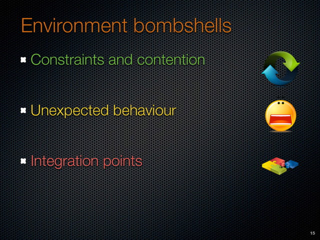 Environment bombshells
Constraints and contention
Unexpected behaviour
Integration points
15
