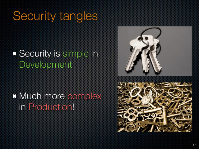 Security tangles
Security is simple in
Development
Much more complex
in Production!
17

