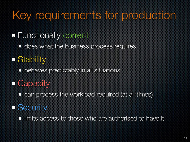Key requirements for production
Functionally correct
does what the business process requires
Stability
behaves predictably in all situations
Capacity
can process the workload required (at all times)
Security
limits access to those who are authorised to have it
19
